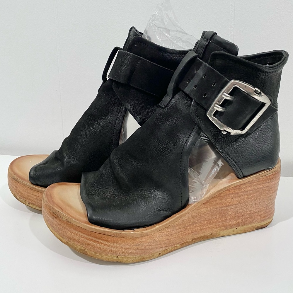 A.S.98 Naya Black Leather Stacked Wedge Sandal Women’s Size UK 39